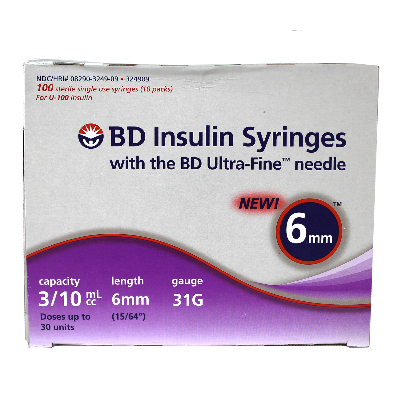 Syringe 3/10cc Insulin with Needle Veo™ Ultra-Fine™ 0.3 mL 31 Gauge 15/64 Inch Attached Needle NonSafety (100/BX 5BX/CS) by BD  ID 324909-